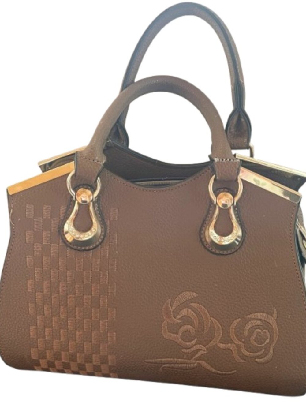Tan Faux Leather Satchel Handbag Floral Embossed Double Handle Purse